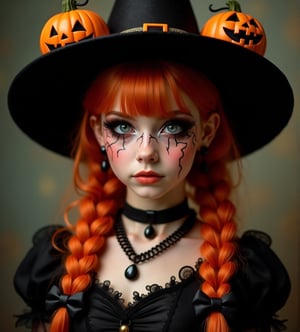 upper body portrait of 15yo cute girl with Halloween heavy makeup on face, in Gothic Haloween costume and hat,higly detailed skin texture ,(looking at camera:1.5),(gothic),fractal punk, orange braid hair, matte painting portrait shot, beautiful girl, pink fair skin, she is dressed in Halloween clothes, Pumpkin motif accessories,necklace and earrings, Halloween atmosphere, heavy makeup,orange theme,score_9, score_8_up, score_7_up, score_6_up, score_5_up, score_4_up,cute