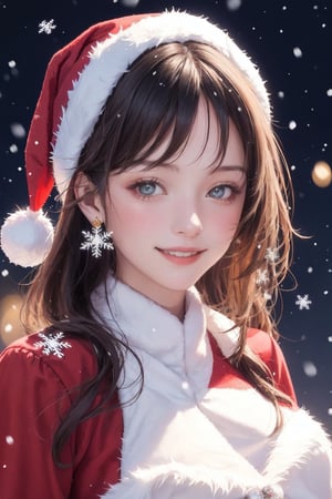 Christmas theme:1.5,portrait of a beautiful swiss girl,lovely smile:1.2,wearing gothic christmas dress,bizarre,floral,Luminous,(christmas atmosphere), snowflakes ,snow falling,shining_sparkle_background