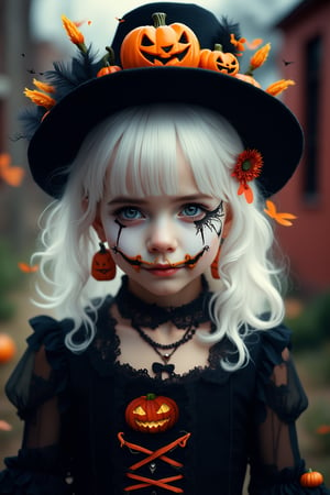 (Best Quality, 8K, 32K, masutepiece:1.3), Ultra-detailed, (Photorealistic:1.4), white colors, albino,15yo cute Girl with Halloween heavy paint on her face, child-like face,Detailed eyes, Upper body, Luxurious punk hair, Edgy Halloween fashion,(Halloween atmosphere),in Gothic Halloween costume and hat,jack-o-lantern motif accessories,necklace and earrings,  Avant-garde Halloween makeup, Numerous piercings,,night sky background, Backlight effect, Shallow depth of field, Blurry background,score_9, score_8_up, score_7_up, score_6_up, score_5_up, score_4_up,