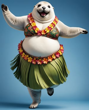  portrait of Dressed animals - a ((fat)) cute seal hula dancer,(hula dancing:2.0), (swinging arms :2.0),(happy smile:1.2),high quality,(happy),(lovely) ,intricate details, (furry), highly detailed ((female hula dance costume)) ,highly detailed decorations, wearing (bikini) aloha shirts and flower lei , (happy), studio lighting,(full body image:1.5),simple background,(viewed from side:2.0),(perfect hands)comic book,comic book