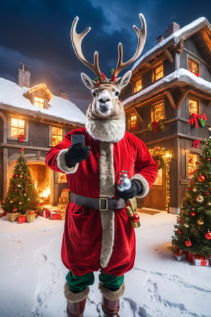hd,2k,4k,hight quality,A photorealistic, high-resolution ,photorealistic portrait of Dressed animals - a reindeer operator, wearing a construction helmet, holding many Christmas ornaments,standing in front of medieval Santa Claus's house  . The reindeer should look sturdy and unfazed despite the harsh weather conditions. The construction hard hat and face mask should fit well on the reindeer's head,  various elements like cranes, house under construction, and carrying Christmas ornaments, Christmas atmosphere,  and perhaps even lightning in the background. The image should capture the drama and urgency of the situation while highlighting the llama's unique presence in this industrial setting,(selfie:1.5)