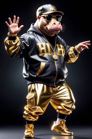  Dressed animals - a (fat) hippo hip hop dancer, ((dancing and singing)), god of hip hop, highly detailed ((hip hop fashion)) , highly detailed accessories , (wearing sunglasses and cap),dancing pose,wearing a jacket and hoodie delicately depicted with gold leaf detailing, printed onto a substantial and regal coat,Emphasize the intricate application of gold foil to capture the strength and valor of hip hop dancer. Ensure a visually stunning representation that combines the opulence of gold leaf with the historical passion of hip hop , creating a unique and impressive fashion through innovative image generation techniques.",abmhandsomeguy,(full body image:2.0), stadio lighting