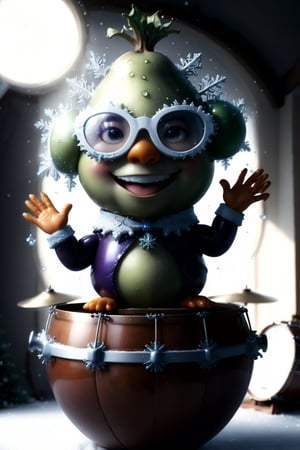 ((masterpiece:1.3,concept art,best quality,photorealistic)), very cute appealing anthropomorphism of eggplant , playing drums pear, wearing snowflake glasses,drum set background,looking at the viewer, big grin, happy,, droplets, macro, sunlight, fantasy art, dynamic composition, dramatic lighting, epic realistic, award winning illustration, more detail XL,snowflake glasses