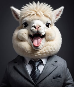 face close up image of anthropomorphic fat (cute baby) white alpaca,(furry), dressed in a dark gray suit, (sticking out tongue:1.5),(happy smile:1.5),(Innocent), roomlighting, Cinematic, hdr, primitive, Intricate, High quality, smoothing tones,, Low contrast,(viewed from above:2.0), (looking up viewer:1.8), simple background,comic book
