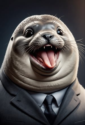 face close up image of anthropomorphic (fat) baby seal,(tongue), (lovely),dressed in a dark gray suit, (sticking out tongue:1.5),(happy smiling eyes:1.5),(smile:1.2),wearing glasses, soft lighting, Cinematic, hdr, primitive, Intricate, High quality, smoothing tones, Intricate details, Low contrast,(viewed from side:2.0), (looking at viewer:1.5), simple background,comic book