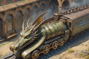 detailed full-length picture, masterpiece, best quality, ultra high resolution, visually stunning, beautiful, award-winning art (abstract art: 1.3), beautiful ))), oil painting dieselpunk. dragon train,(viewed from above:1.5),Watercolor, trending on artstation, sharp focus, studio photo, intricate details, highly detailed, by greg rutkowski, more detail XL, hyper detailed, realistic, oil painting, by julie bell, frank frazetta, cinematic lighting,dragon train