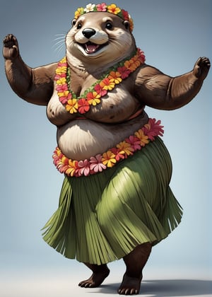  portrait of Dressed animals - a ((fat)) baby cute otter hula dancer,(hula dancing:2.0), (swinging arms :2.0),(happy smile:2.0),high quality,(happy),(lovely) ,intricate details, (furry), highly detailed ((female hula dance costume)) ,highly detailed decorations, wearing (bikini) aloha shirts and flower lei , (happy), studio lighting,(full body image:1.5),simple background,(viewed from side:2.0),(perfect hands)comic book,comic book
