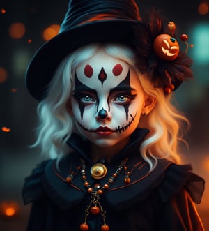 (Best Quality, 8K, 32K, masutepiece:1.3), Ultra-detailed, (Photorealistic:1.4), white colors, albino,15yo cute Girl with Halloween heavy paint on her face, child-like face, Detailed eyes, Upper body, Luxurious punk hair, Edgy Halloween fashion,(Halloween atmosphere),in Gothic Haloween costume and hat, Pumpkin motif accessories,necklace and earrings,  Avant-garde Halloween makeup, Numerous piercings,,night sky background, Backlight effect, Shallow depth of field, Blurry background,score_9, score_8_up, score_7_up, score_6_up, score_5_up, score_4_up,