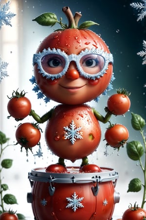 ((masterpiece:1.3,concept art,best quality,photorealistic)), very cute appealing anthropomorphism of tomato, playing drums pear, wearing snowflake glasses,drum set background,looking at the viewer, big grin, happy,, droplets, macro, sunlight, fantasy art, dynamic composition, dramatic lighting, epic realistic, award winning illustration, more detail XL,snowflake glasses