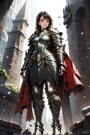 Beautiful 27 year old woman, (brown eyes), ((strong physique body)), (black hair), long_hair: 1.3, , bangs, (serious look), hourglass body shape, detailed eyes, normal breasts quality, slim waist, (strong physique), (viewed from below:1.5) , gauntlets, (detailed armor), lower body armor, black cape, broken stone floor, broken stone wall, snow falling, ((full-body_portrait)), (evil aura around her), Commander of knights,dragon armor