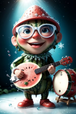 ((masterpiece:1.3,concept art,best quality,photorealistic)), very cute appealing anthropomorphism of watermelon, playing the guitar, wearing snowflake glasses,drum set background,looking at the viewer, big grin, happy,, droplets, macro, sunlight, fantasy art, dynamic composition, dramatic lighting, epic realistic, award winning illustration, more detail XL,snowflake glasses