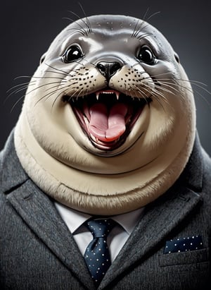 face close up photo of anthropomorphic (fat) baby seal,(tongue), (furry),dressed in a dark gray suit, (sticking out tongue:1.5),(happy smiling eyes:1.5),(smile:1.2),wearing glasses, soft lighting, Cinematic, hdr, primitive, Intricate, High quality, smoothing tones, Intricate details, Low contrast,(viewed from side:2.0), (looking at viewer:1.5), simple background,comic book