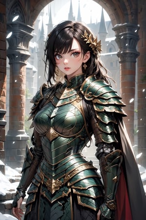 Beautiful 27 year old woman, (brown eyes), ((strong physique body)), (black hair), long_hair: 1.3, , bangs, (serious look), hourglass body shape, detailed eyes, normal breasts quality, slim waist, (strong physique), , gauntlets, (detailed armor), lower body armor, black cape, broken stone floor, broken stone wall, snow falling, ((upper-body_portrait)), (evil aura around her), Commander of knights,dragon armor