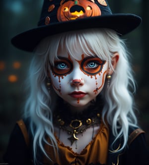 (Best Quality, 8K, 32K, masutepiece:1.3), Ultra-detailed, (Photorealistic:1.4), white colors, albino,15yo cute Girl with Halloween heavy paint on her face, child-like face,Detailed eyes, Upper body, Luxurious punk hair, Edgy Halloween fashion,(Halloween atmosphere),in Gothic Halloween costume and hat,jack-o-lantern motif accessories,necklace and earrings,  Avant-garde Halloween makeup, Numerous piercings,,night sky background, Backlight effect, Shallow depth of field, Blurry background,score_9, score_8_up, score_7_up, score_6_up, score_5_up, score_4_up,