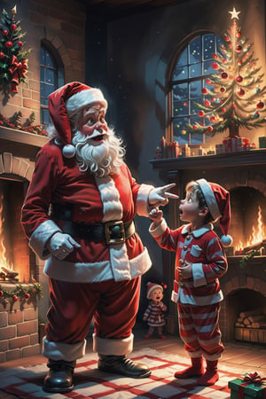 2D, creepy, cute Santa Claus and one little boy, ,they are pointing and looking at each other,the boy is wearing (pajamas),
Christmas presents around there,Christmas tree in front of　fireplace,light from fireplace makes beautiful gradient of shadow and adds depth to image ,dark living room background,(style of Skottie Young:1.3) 
(masterpiece,best quality:1.5),PEOPShockedFace,shocked face