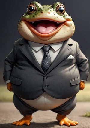  illustration of anthropomorphic (fat)baby toad ,(tongue:1.5)(cute), (lovely),dressed in a dark gray suit, (sticking out tongue:1.5),(happy eyes:1.5),(smile:1.8),, soft lighting, Cinematic, hdr, primitive, Intricate, High quality, smoothing tones, Intricate details, Low contrast,(), (looking at viewer:1.5), simple background,comic book