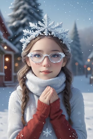 
In this Christmas scene, a petite girl stands alone in the snowy landscape. She wears a red Christmas hat, and her long hair dances in the chilly breeze.wearing snowflake glasses, Wrapped in a deep red wool sweater, her scarf is adorned with delicate snowflake patterns.

The cold air tinges her cheeks with a slight rosy hue, while her eyes sparkle with warm anticipation. The slightly upturned face reveals a hope for the Christmas miracle. Snowflakes create a silver crown on her hair, as if crafting an ice and snow tiara for her.

Though her hands are not visible from behind, her posture exudes tranquility and expectation. Surrounding her is a silver-clad snowy scene, with a Christmas tree adorned with dazzling lights and gifts. The entire scene emanates warmth and joy, as if the magic of Christmas is about to unfold around her.,snowflake glasses