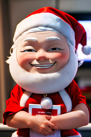 , Santa Claus is holding a magazine with (sexy girl cover photo),,white hair,white beard,wearing santa costume,IncrsAnyasHehFaceMeme,tonghuazhen,(grin),smug, peeking out face from the magazine,