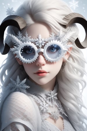 1 girl, (masterful), albino demon girl with lethargic sleepy smokey eyes,(white dreadlocks hair),((slit pupil eyes)),mesh fishnet blouse, (long intricate horns:1.2) ,wearing snowflake glasses,
best quality, highest quality, extremely detailed CG unity 8k wallpaper, detailed and intricate, 
,steampunk style,Glass Elements,snowflake glasses