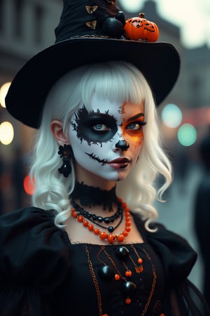 (Best Quality, 8K, 32K, masutepiece:1.3), Ultra-detailed, (Photorealistic:1.4), white colors, albino,15yo cute Girl with Halloween heavy paint on her face, Detailed eyes, Upper body, Luxurious punk hair, Edgy Halloween fashion,(Halloween atmosphere),in Gothic Haloween costume and hat, Pumpkin motif accessories,necklace and earrings,  Avant-garde Halloween makeup, Numerous piercings,,night sky background, Backlight effect, Shallow depth of field, Blurry background,score_9, score_8_up, score_7_up, score_6_up, score_5_up, score_4_up,