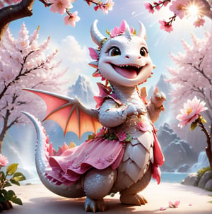  portrait of cute dragon,(singing pose), high quality,() ,intricate details, highly detailed dress ,smile,highly detailed flower decorations, long tail , (wind effect), cherry_blossom background,sun light,perfect lighting,(full body image:1.5),more detail XL,,cute dragon,sticker,ULTIMATE LOGO MAKER [XL],disney pixar style