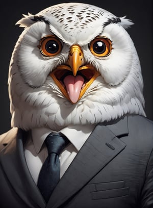 face close up illustration of anthropomorphic (fat)baby white owl ,(tongue)(furry), (lovely),dressed in a dark gray suit, (sticking out tongue:1.5),(happy smiling eyes:1.5),(smile:1.2),wearing glasses, soft lighting, Cinematic, hdr, primitive, Intricate, High quality, smoothing tones, Intricate details, Low contrast,(viewed from side:2.0), (looking at viewer:1.5), simple background,comic book