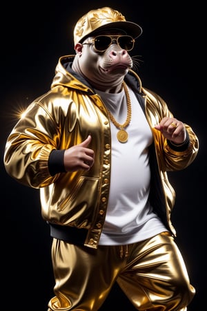  Dressed animals - a (fat) hippo hip hop dancer, ((dancing and singing)), god of hip hop, highly detailed ((hip hop fashion)) , highly detailed accessories , (wearing sunglasses and cap),dancing pose,wearing a jacket and hoodie delicately depicted with gold leaf detailing, printed onto a substantial and regal coat,Emphasize the intricate application of gold foil to capture the strength and valor of hip hop dancer. Ensure a visually stunning representation that combines the opulence of gold leaf with the historical passion of hip hop , creating a unique and impressive fashion through innovative image generation techniques.",abmhandsomeguy,(full body image:1.8), stadio lighting