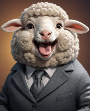 face close up image of anthropomorphic baby sheep,(tongue), furry,dressed in a dark gray suit, (sticking out tongue:1.5),(happy smile),(:1.2), soft lighting, Cinematic, hdr, primitive, Intricate, High quality, smoothing tones, Intricate details, Low contrast,), (looking up to viewer), simple background,comic book