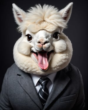 face close up image of anthropomorphic fat cute white alpaca,(furry), dressed in a dark gray suit, (sticking out tongue:1.5),(happy smile:1.5),(Innocent), roomlighting, Cinematic, hdr, primitive, Intricate, High quality, smoothing tones, Intricate details, Low contrast,(viewed from above:2.0), (looking up viewer:1.8), simple background