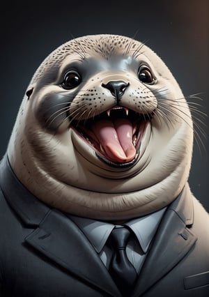 face close up illustration of anthropomorphic (fat) baby seal,(tongue), (lovely),dressed in a dark gray suit, (sticking out tongue:1.5),(happy smiling eyes:1.5),(smile:1.2),wearing glasses, soft lighting, Cinematic, hdr, primitive, Intricate, High quality, smoothing tones, Intricate details, Low contrast,(viewed from side:2.0), (looking at viewer:1.5), simple background,comic book