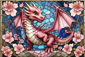 Happy, image of cute dragon,intricate details,cherry blossom background,
 blessed, welcoming , cute, adorable, vintage, art on a cracked paper, fairytale, patchwork, stained glass, storybook detailed illustration, cinematic, ultra highly detailed, tiny details, beautiful details, mystical, luminism, vibrant colors, complex background,,cute dragon