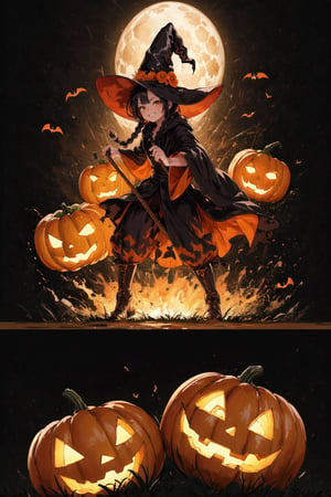   absurdres, highres, ultra detailed, (1girl:1.3), kawaiiBREAK  ,,(carries Jack o'lanterns ),(( orange witch's big hat and black intricate robe)), shining eyes , twin_braid , black hair , little girl, 10 years old,(lovely smile),happy Halloween atmosphere, fluid textures,,moonlight,intricate details, 32k digital painting, hyperrealism, (vivid color,abstract background:1.3, colorful:1.3, flowers:1.2, pumpkins:1.1,zentangle:1.2, fractal art:1.1) , parted bangs, SUPER HIGH quality, in 8K , intricate detail, ultra-detailed,(action pose:1.5),,realhands