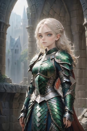 European style, fantasy, solo, brave girl, wearing dragon armor, white blonde long hair, faithing,looking at viewer, ruins,(cowboy shot:1.5) , (masterpiece), (best quality), (ultra-detailed), (an extremely delicate and beautiful), ((textile shading)), (caustics), (((sharp focus))),dragon armor,,disney pixar style,more detail XL