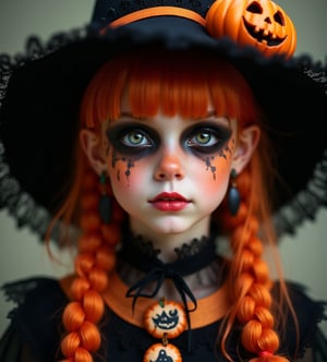 half body portrait of 10yo kawaii girl with Halloween heavy makeup on face, in Gothic Haloween costume and hat,higly detailed skin texture ,(looking at camera:1.5),(gothic),fractal punk, orange braid hair, matte painting portrait shot, beautiful girl, pink fair skin, she is dressed in Halloween clothes, Pumpkin motif accessories,necklace and earrings, Halloween atmosphere, heavy makeup,orange theme,score_9, score_8_up, score_7_up, score_6_up, score_5_up, score_4_up,