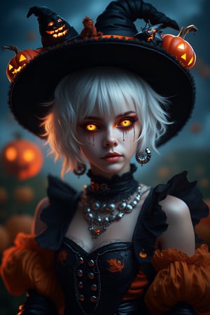 (Best Quality, 8K, 32K, masutepiece:1.3), Ultra-detailed, (Photorealistic:1.4), white colors, albino,15yo Punk Girl with Halloween heavy paint on her face, Detailed eyes, Upper body, Luxurious punk hair, Edgy Halloween fashion,(Halloween atmosphere),in Gothic Haloween costume and hat, Pumpkin motif accessories,necklace and earrings,  Avant-garde Halloween makeup, Numerous piercings,,night sky background, Backlight effect, Shallow depth of field, Blurry background,score_9, score_8_up, score_7_up, score_6_up, score_5_up, score_4_up,