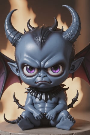 Hyper-realistic, Cinematic Render, fantasy movie, chibi satan,tiny, ((very cute)) demon boy, big head, very large eyes , large pointy ears, ((dark blue skin, scaly)), prince of demon,dark black hair, (devil wings on his back), ((tiny shiny black horns)), demon tail, freckles, chubby, shy giggle, piercing purple eyes, warpaint, sitting on the throne, necklaces, bracelets, bone headdress, inside dark fantasy palace, torches, bone decorations, ,Monster,IncrsXLDealWithIt