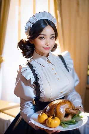 ((best Quality: 1.4)), (Unparalleled Masterpiece), (Ultra High Definition) , (Ultra Realistic 8k CG),(ultra detailed),(maid ),(art by Jean Baptiste Monge),carring and showing a plate of Thanksgiving turkey,(lovely smile),highly detailed (maid clothes), half_apron ,stunningly beautiful , highly detailed beautiful hair , highly detailed hairstyle, cinematic, happy ,in luxury old western house, perfect lighting, Use a backlighting effect to add depth to the image, Anisotropic Filtering, Depth of Field, Maximum clarity and sharpness, ,8 life size , thicc body:0.8 ,perfect anatomy , symmetrical and balanced, beautiful gradient , sharp focus, 4k resolution, golden ratio,(half body image), Beautiful Composition,Realism,Epic,Thanksgiving turkey,shining_sparkle_background,(viewed from above),realhands