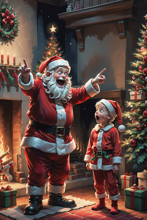 2D, creepy, cute Santa Claus and one little boy, ,they are pointing and looking at each other,the boy is wearing (pajamas),
Christmas presents around there,Christmas tree in front of　fireplace,light from fireplace makes beautiful gradient of shadow and adds depth to image ,dark living room background,(style of Skottie Young:1.3) 
(masterpiece,best quality:1.5),PEOPShockedFace,shocked face