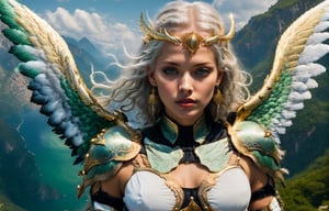 (wide angle),(Aetherpunk style:1.4),8k , ultra quality ,nature,pagan imagery,intricate detailed, beautiful valkyrie ,gold detailed holy gorgeous armor,intricate detailed wide angelic wings,spreading angelic wings wide,utopia,magic,detailed,mages,outdoors,amazing scenery,(highly detailed:1.2),(ultra realism:1.2), realistic, detailed, textured, skin, platinum white hair, green eyes, by Alex Huguet, Mike Hill, Ian Spriggs, JaeCheol Park, Marek Denko
,detailmaster2,more detail XL,(half body image)
