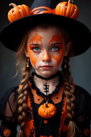 upper body portrait of 10yo cute girl with ( pop paint on face), (Halloween atmosphere),in Gothic Haloween costume and hat, (glaring at camera:1.5),(gothic),fractal punk, braid hair, matte painting portrait shot, beautiful girl, pink fair skin, she is dressed in Halloween clothes, Pumpkin motif accessories,necklace and earrings, Halloween atmosphere, heavy makeup,orange theme,score_9, score_8_up, score_7_up, score_6_up, score_5_up, score_4_up,