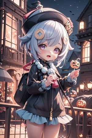 a poster with a cartoon character ,qiqi (genshin impact), mini cute girl,hair ornament, jiangshi, purple hair, bead necklace,in amusement park,Halloween atmosphere,ornaments of Halloween, holding candy,animation style rendering, cute 3 D rendering, small characters. Unreal Engine 5, stylized anime, cute detailed digital art, Atey Ghailan 8 K, stylized 3D rendering, adventure surreal rendering, anime style 3D, 3D rendering style, super cute image that sparks joy,3d style,,1girl