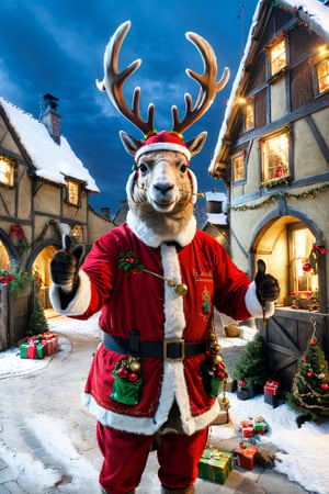 hd,2k,4k,hight quality,A photorealistic, high-resolution ,photorealistic portrait of Dressed animals - a reindeer operator, wearing a construction helmet, holding many Christmas ornaments,standing in front of medieval Santa Claus's house  . The reindeer should look sturdy and unfazed despite the harsh weather conditions. The construction helmet should fit well on the reindeer's head,  various elements like cranes, house under construction, both arms are full  of Christmas ornaments  ,Christmas atmosphere,  and perhaps even lightning in the background. The image should capture the drama and urgency of the situation while highlighting the llama's unique presence in this industrial setting,(thumbs up,selfie:1.5),happy,more detail XL