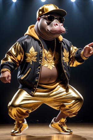  Dressed animals - a fat hippo hip hop dancer, ((dancing and singing)), god of hip hop, highly detailed ((hip hop fashion)) , highly detailed accessories , (wearing sunglasses and cap),dancing pose,wearing a jacket and hoodie delicately depicted with gold leaf detailing, printed onto a substantial and regal coat,Emphasize the intricate application of gold foil to capture the strength and valor of hip hop dancer. Ensure a visually stunning representation that combines the opulence of gold leaf with the historical passion of hip hop , creating a unique and impressive fashion through innovative image generation techniques.",abmhandsomeguy,(full body image:1.8), stadio lighting