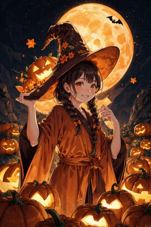   absurdres, highres, ultra detailed, (1girl:1.3), kawaiiBREAK  ,,(carries Jack o'lanterns ),(( orange witch's big hat and orange intricate robe)), shining eyes , twin_braid , black hair , little girl, 10 years old,(lovely smile),happy Halloween atmosphere, fluid textures,,moonlight,intricate details, 32k digital painting, hyperrealism, (vivid color,abstract background:1.3, colorful:1.3, flowers:1.2, pumpkins:1.1,zentangle:1.2, fractal art:1.1) , parted bangs, SUPER HIGH quality, in 8K , intricate detail, ultra-detailed,(action pose:1.5),(upper body image:1.5),realhands