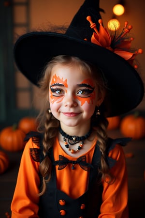 upper body portrait of 10yo cute girl with ( pop paint on face), (Halloween atmosphere),in Gothic Haloween costume and hat, (happy smile),(gothic),fractal punk, braid hair, matte painting portrait shot, beautiful girl, pink fair skin, she is dressed in Halloween clothes, Pumpkin motif accessories,necklace and earrings, Halloween atmosphere, heavy makeup,orange theme,score_9, score_8_up, score_7_up, score_6_up, score_5_up, score_4_up,