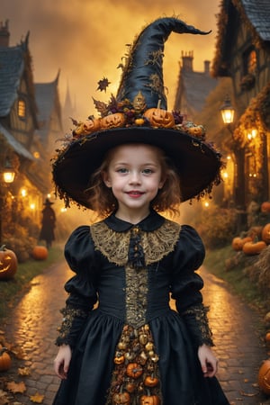 (Aetherpunk style:1.4),wide angle,8k , ultra quality ,nature,pagan imagery,cute very young Halloween witch,10 years old child,(big smile),,art by Giuseppe Arcimboldo,gold detailed,utopia,magic,(Halloween atmosphere),neon detailed,beasts,mages,((in Halloween town,amazing scenery)),(highly detailed:1.2),(ultra realism:1.2), realistic, detailed, textured, skin, hair, eyes, by Alex Huguet, Mike Hill, Ian Spriggs, JaeCheol Park, Marek Denko,(side view:1.5)
,