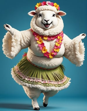  portrait of Dressed animals - a ((fat)) baby sheep hula dancer,(hula dancing:2.0), (swinging arms :2.0),(happy smile:1.2),high quality,(happy),(lovely) ,intricate details, (furry), highly detailed ((female hula dancer's costume)) ,highly detailed decorations, wearing (bikini) and flower lei , (happy), studio lighting,(full body image:1.5),simple background,(viewed from side:2.0),comic book