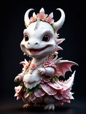 photorealistic portrait of Dressed animals - a fat baby white dragon maid,(dancing pose), high quality,(lovely) ,intricate details, highly detailed pink((princess dress)) ,smile,highly detailed flower decorations, long tail , (happy ), studio lighting,(half body image:1.5),more detail XL,chibi,(viewed from side:2.0),cute dragon