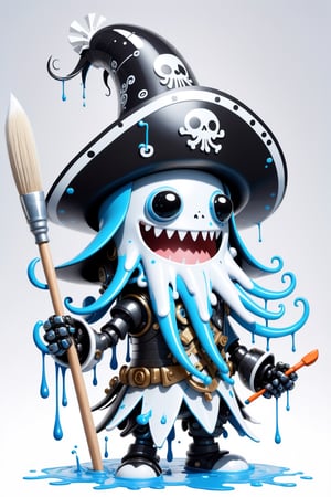 cute robo character of (squid),a mascot for tensor.art,cubby, ((holding a large paintbrush)), futuristic, cyborg style,(lovely smile),wearing a black pirate's hat,cute ,white platinum metallic line,light blue and white dripping paint ,squid head, squid arms, ,mecha,robo,PEOPShockedFace