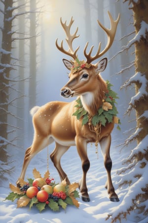 Whimsical and beautiful fantasy baby reindeer with party hats, encircling a feast of leaves and berries, forest setting, art by James Christensen, magical snow forest, covered in botanicals and flowers, christmas ornate, hyper detailed face and eyes, dripping paint, overgrown, abandoned, intricate, filigree, mother of pearl, 3D, fabulous, fantastical, gold leaf trim, magical, masterpiece painting, hyper detailed, captivating, enchanting, intense, scattered light, composed using the golden ratio, award winning, perfect composition, ultra hd, 8K, realistic, highly detailed, lighting by Vladimir Volegov and Steve Hanks,happy